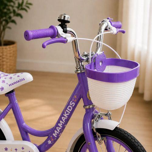 Bicicleta Infantil Aro 16 Niña Morado con Rueditas de Aprendizaje, Canasto y Botellón-6