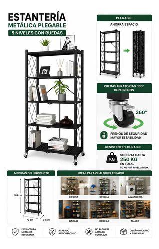 Estanteria Metalica Plegable 5 Niveles con Ruedas 163x72x34 cm Negra-6