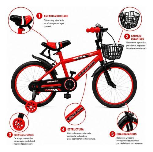 Bicicleta Infantil Aro 16 Niño Rojo con Rueditas de Aprendizaje, Canasto y Botellón-3