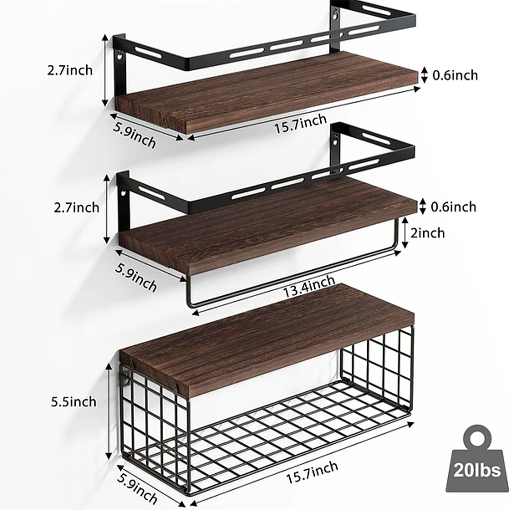 Repisas Flotantes De Madera Modernas X3 Con Reja Pino Nano0086-1