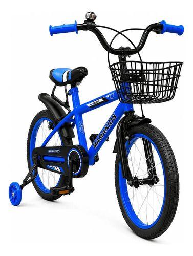 Bicicleta Infantil Aro 16 Niño Azul con Rueditas de Aprendizaje, Canasto y Botellón-3