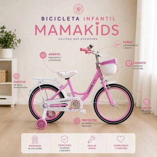 Bicicleta Infantil Aro 16 Niña Rosado con Rueditas de Aprendizaje, Canasto y Botellón-2