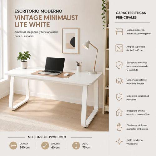 Escritorio Home Office 140x60 cm Blanco Minimalista Patas Metálicas MDF-1