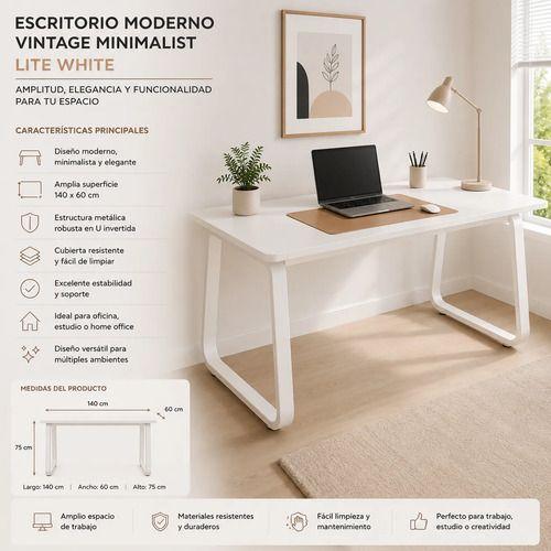 Escritorio Home Office 140x60 cm Blanco Minimalista Patas Metálicas MDF-3