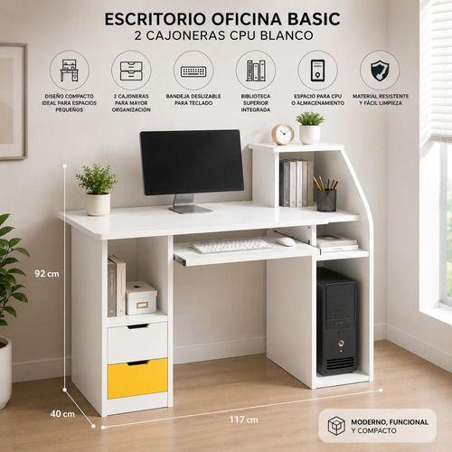 Escritorio de Oficina Blanco con Bandeja Teclado 2 Cajones y Torre CPU-1