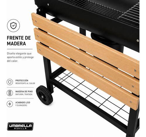Parrilla a Carbón BBQ Doble Nivel con Bandeja de Madera, Ruedas y Termómetro Umbrella Grill-6