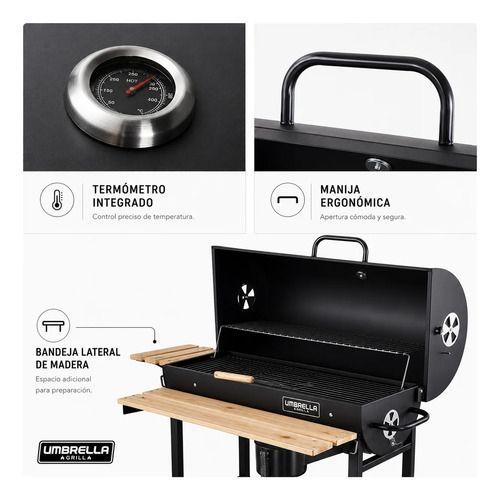 Parrilla a Carbón BBQ Doble Nivel con Bandeja de Madera, Ruedas y Termómetro Umbrella Grill-2