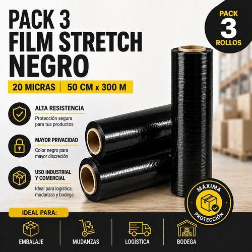Pack 3 Rollos Film Stretch Negro 50 cm x 300 m 20 Micras para Embalaje-1