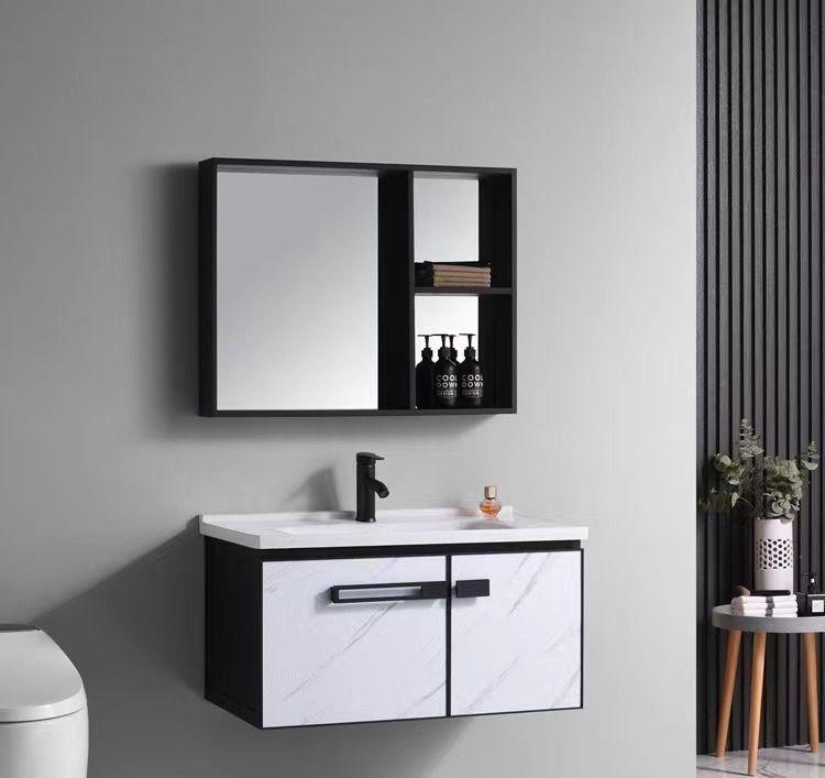 VANITORIO MADERA LAVAMANOS 60 CM ANCHO CON GRIFERIA Y MUEBLE ESPEJO NEGRO T-1060-0