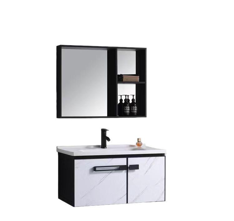 VANITORIO MADERA LAVAMANOS 60 CM ANCHO CON GRIFERIA Y MUEBLE ESPEJO NEGRO T-1060-1