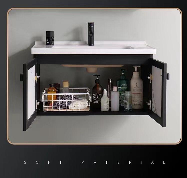 VANITORIO MADERA LAVAMANOS 60 CM ANCHO CON GRIFERIA Y MUEBLE ESPEJO NEGRO T-1060-3