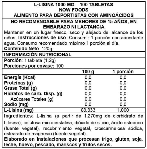 L-Lysine 1000 mg 100 Tabs - Now Foods Sin sabor-1