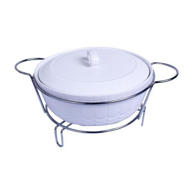 Sopera Decorativa Cerámica Blanca con Soporte-0