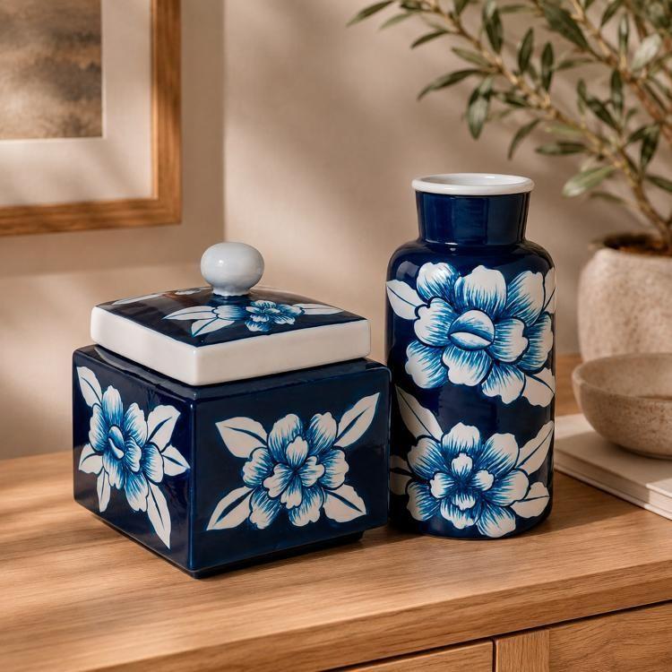 Jarrón Decorativo Flores Azul-1