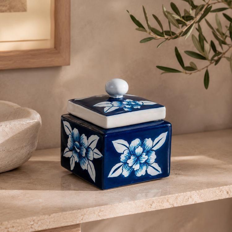 Cofre Decorativo Flores Azul con Tapa-0