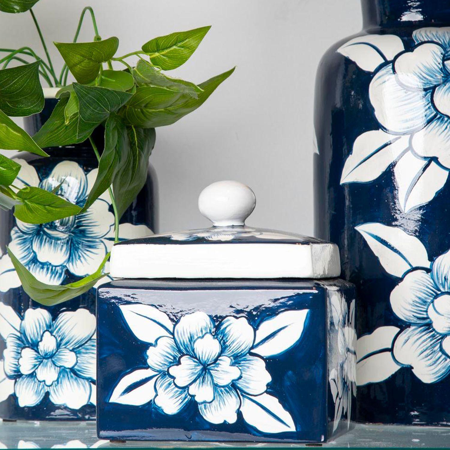 Cofre Decorativo Flores Azul con Tapa-2