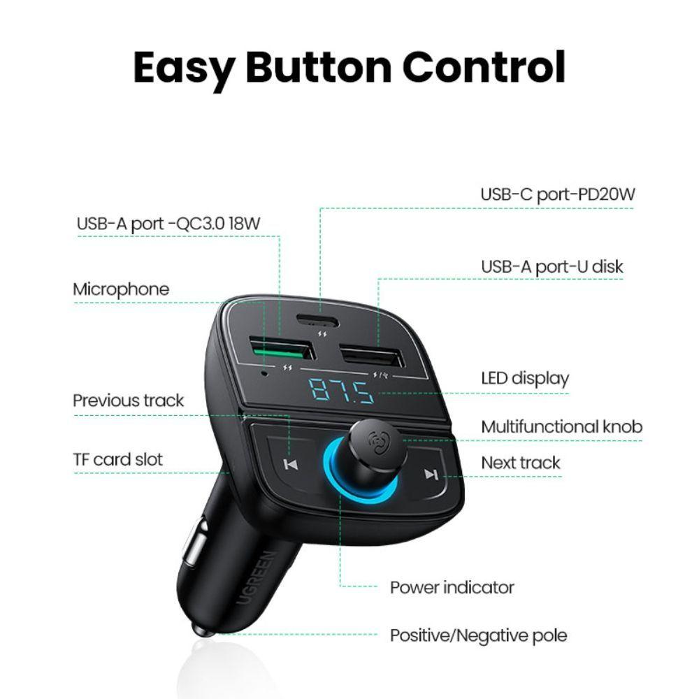 TRANSMISOR DE AUDIO FM BLUETOOTH 5.0 AUTOMOVIL 2USB-A/1USB-C 36A+SLOT MICROSD UGREEN CD229-3