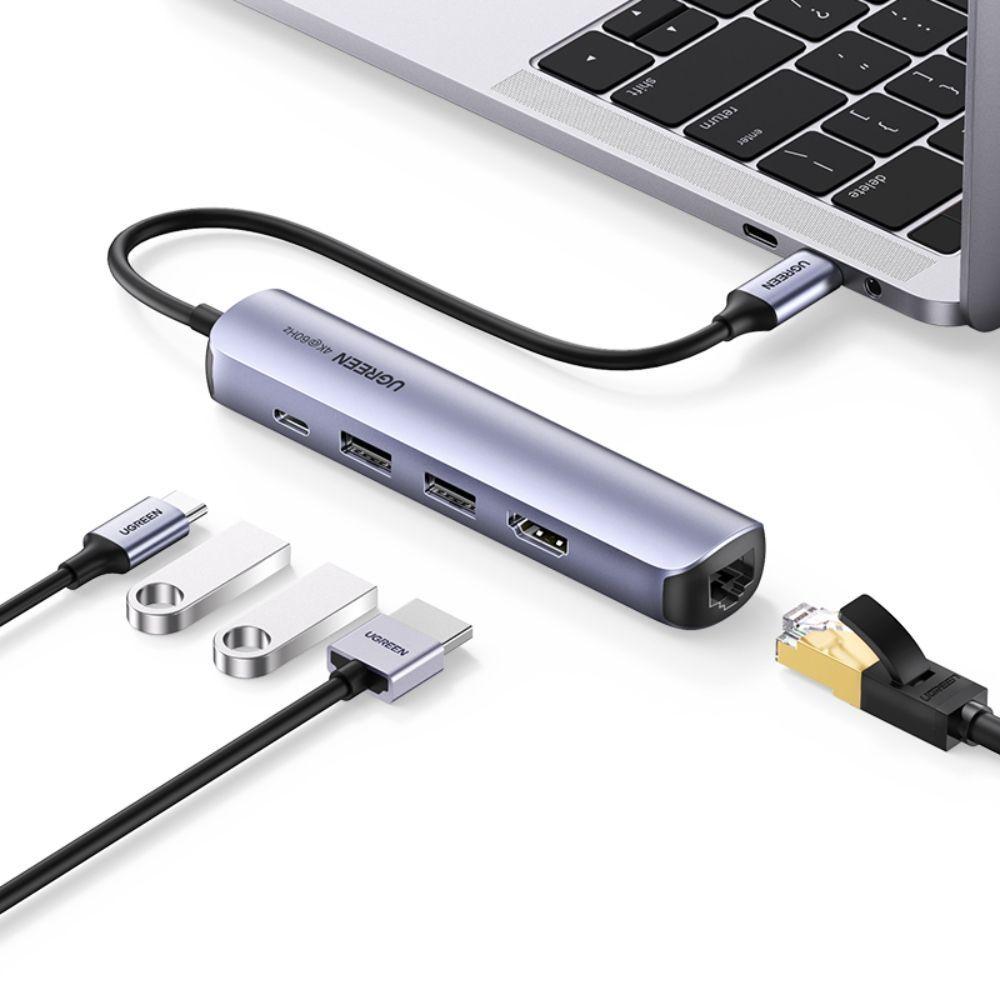 MULTIPUERTO USB-C / 1HDMI 4K/60HZ + 2USB 3.0 + RJ45 1000Mbps + 1IN USB-C PD ALUMINIO UGREEN CM418-1