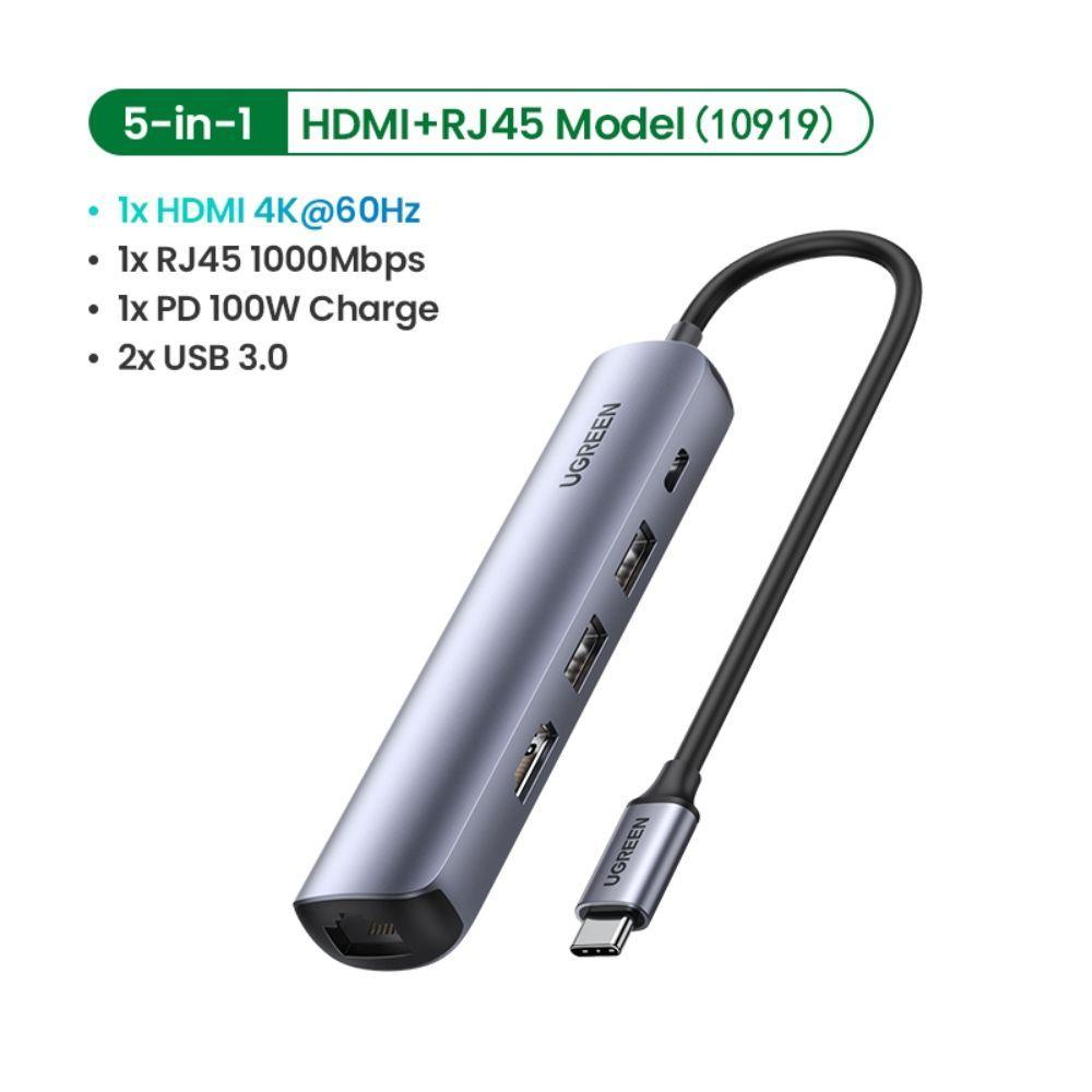 MULTIPUERTO USB-C / 1HDMI 4K/60HZ + 2USB 3.0 + RJ45 1000Mbps + 1IN USB-C PD ALUMINIO UGREEN CM418-2