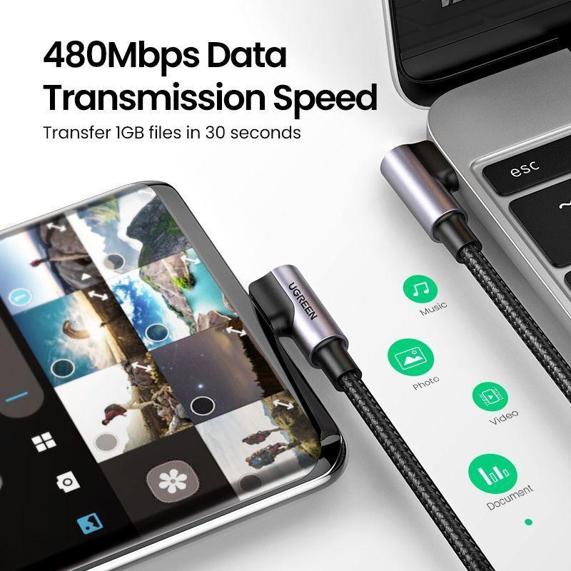 CABLE CURVO DOBLE USB-C/USB-C 3A PD3.0 60W MAX 2M TRENZADO NEGRO UGREEN US323-2