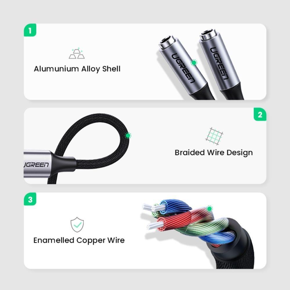CABLE SPLITTER AUDIO ESTEREO USB-C/2 JACK 3.5MM M/H 20CM NEGRO UGREEN AV144-2