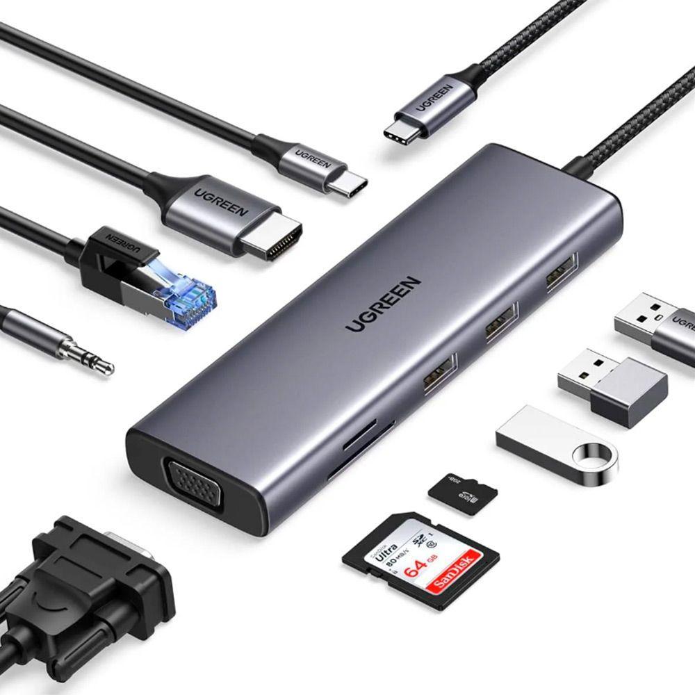MULTIPUERTO USB-C / 1HDMI 4K60HZ + 1VGA 1080P + 3USB 3.0 + RJ45 GIGABIT + INUSB-C PD UGREEN CM498-2