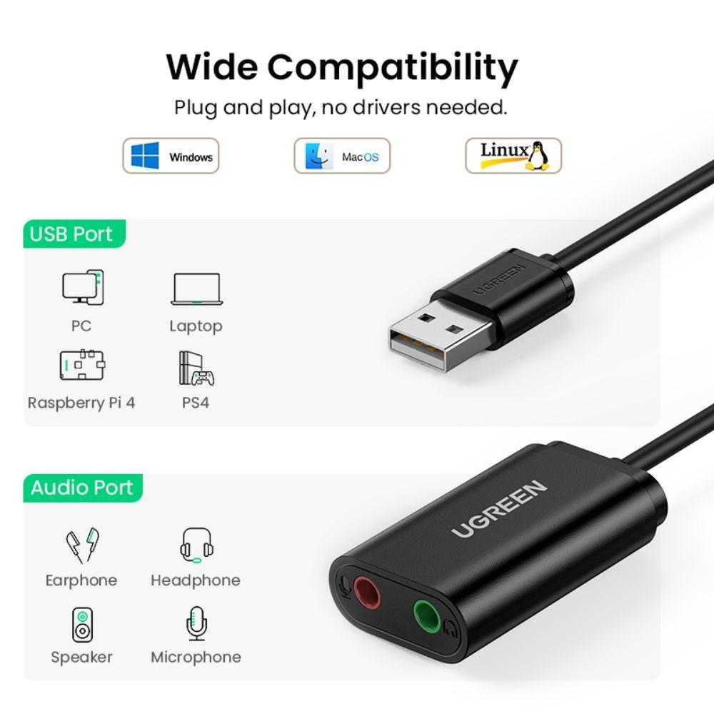 TARJETA DE AUDIO EXTERNA USB-A/ 2 JACK 3.5MM M/2H (AUDIO ESTEREO + MIC) 15CM NEGRO UGREEN US205-1