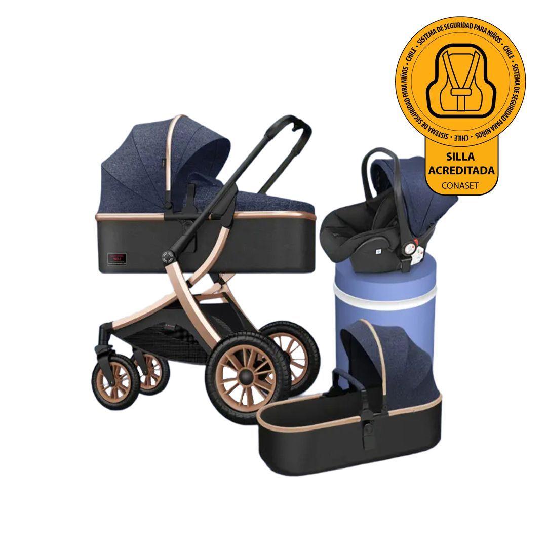 Coche Cuna Con Silla Nido y Cubre Pies Azul Dorado BABYMINE-7