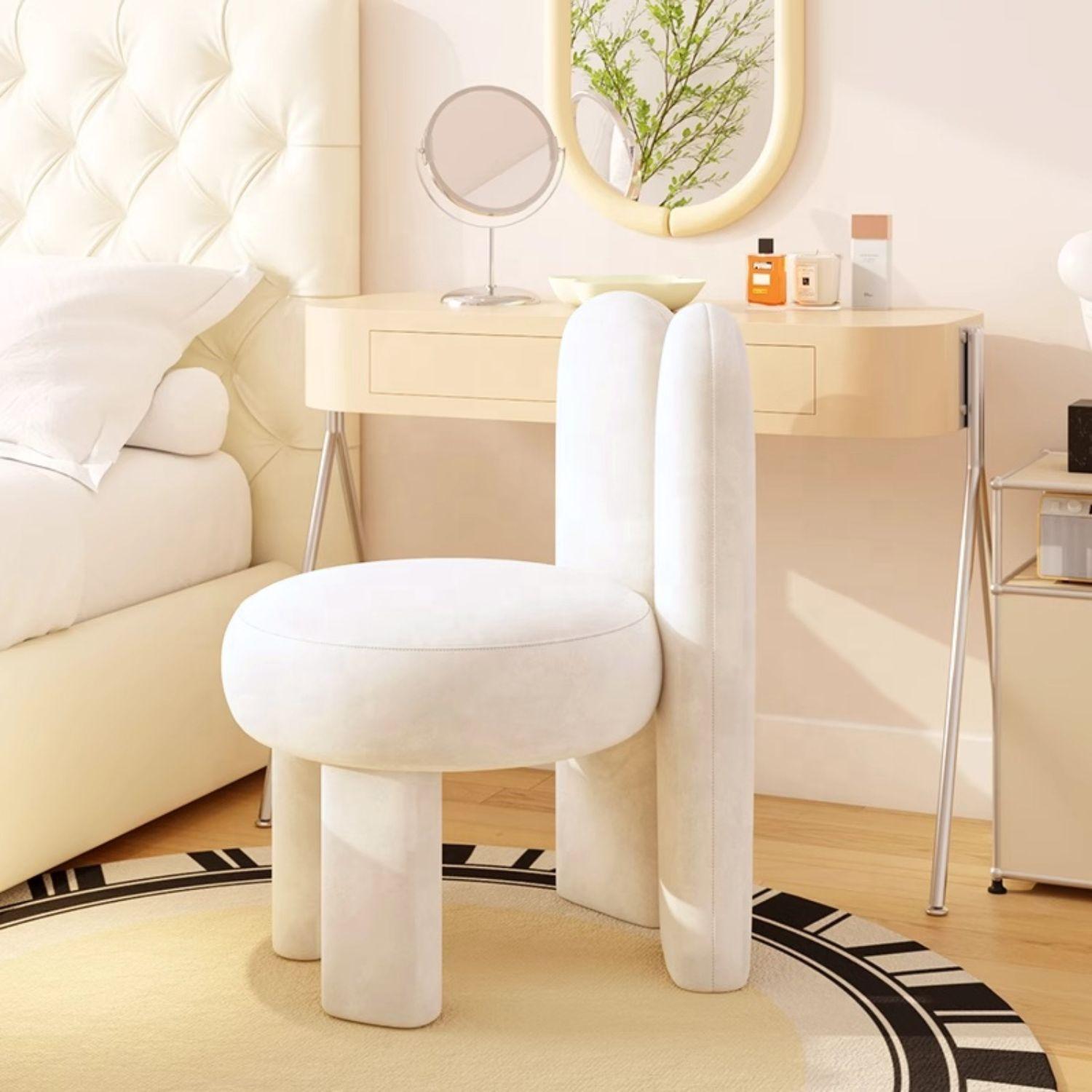 Silla Taburete Tocador de Terciopelo Blanco-5