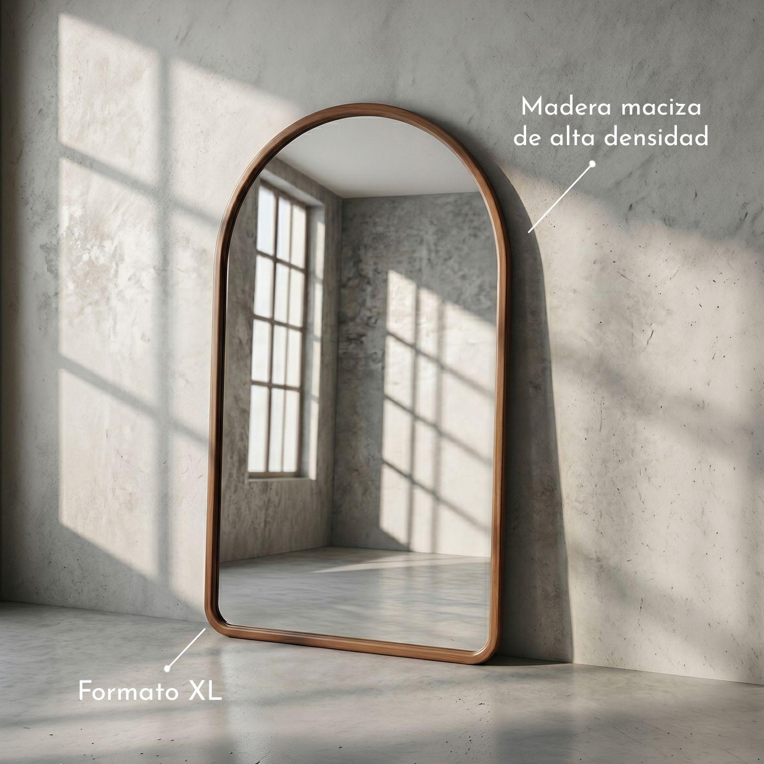 Espejo decorativo en arco de cuerpo entero de madera nogal natural 190x110 cm-3