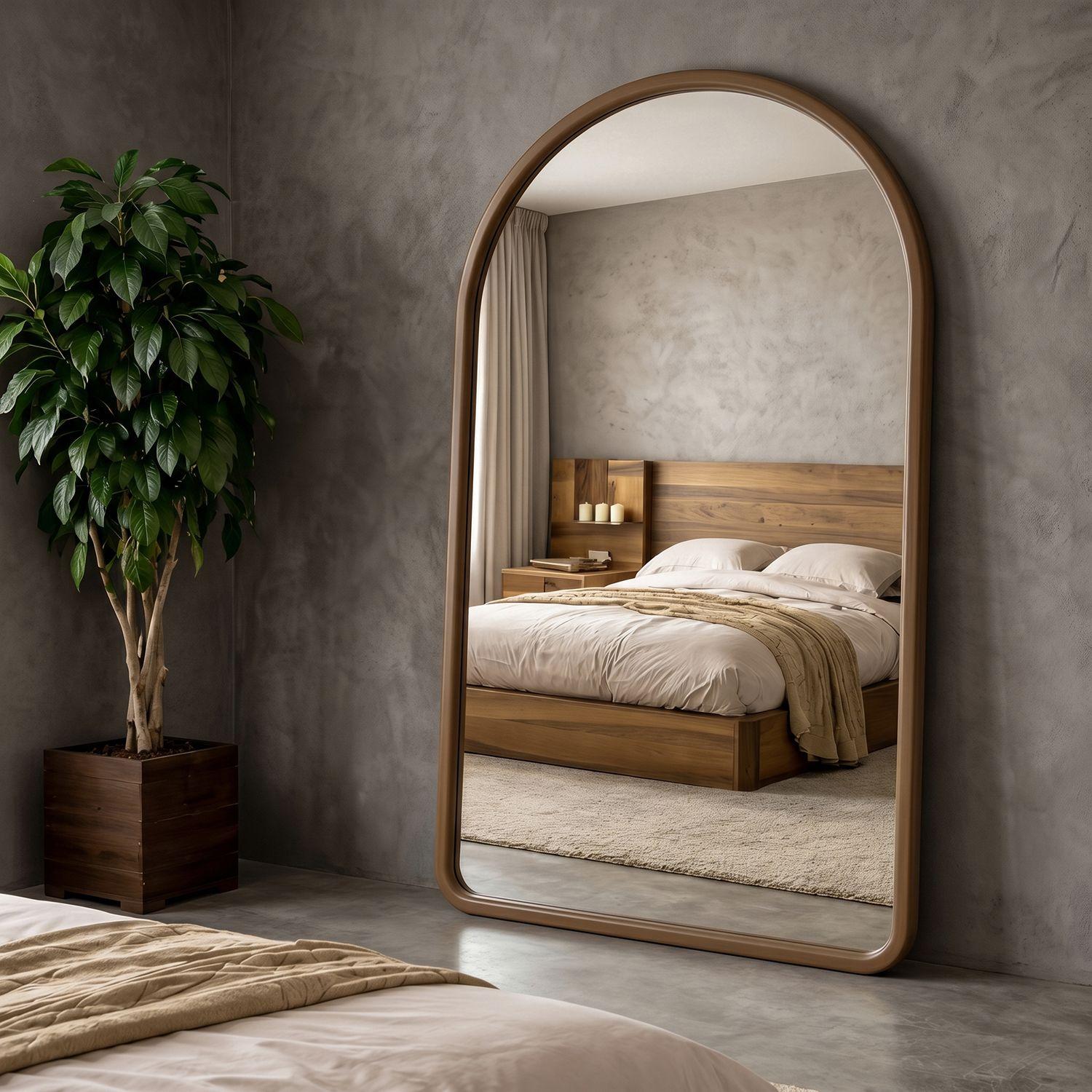 Espejo decorativo en arco de cuerpo entero de madera nogal natural 190x110 cm-5