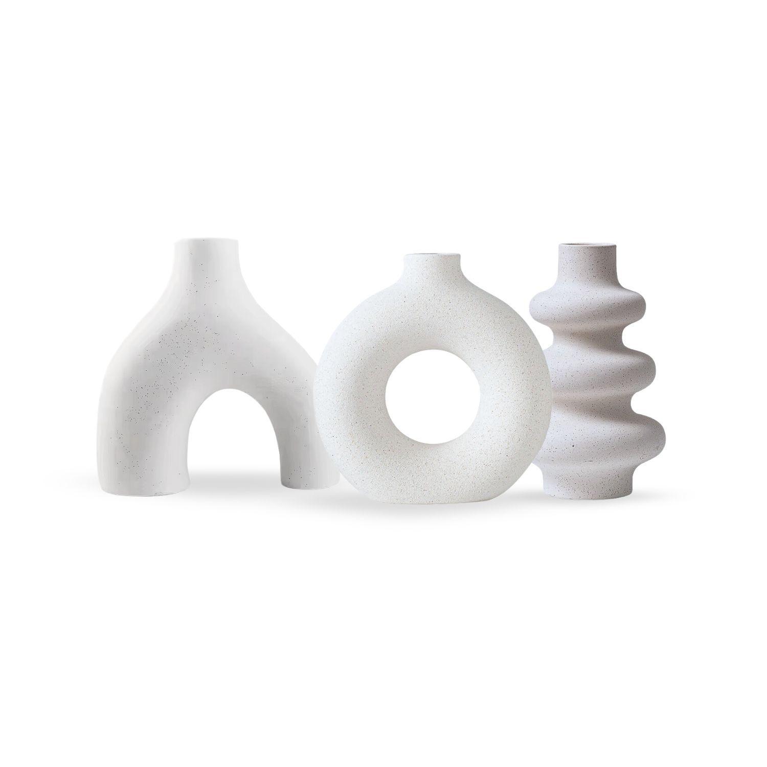 Set 3 Floreros Cerámica Nórdicos Decoración Flores Blanco-8