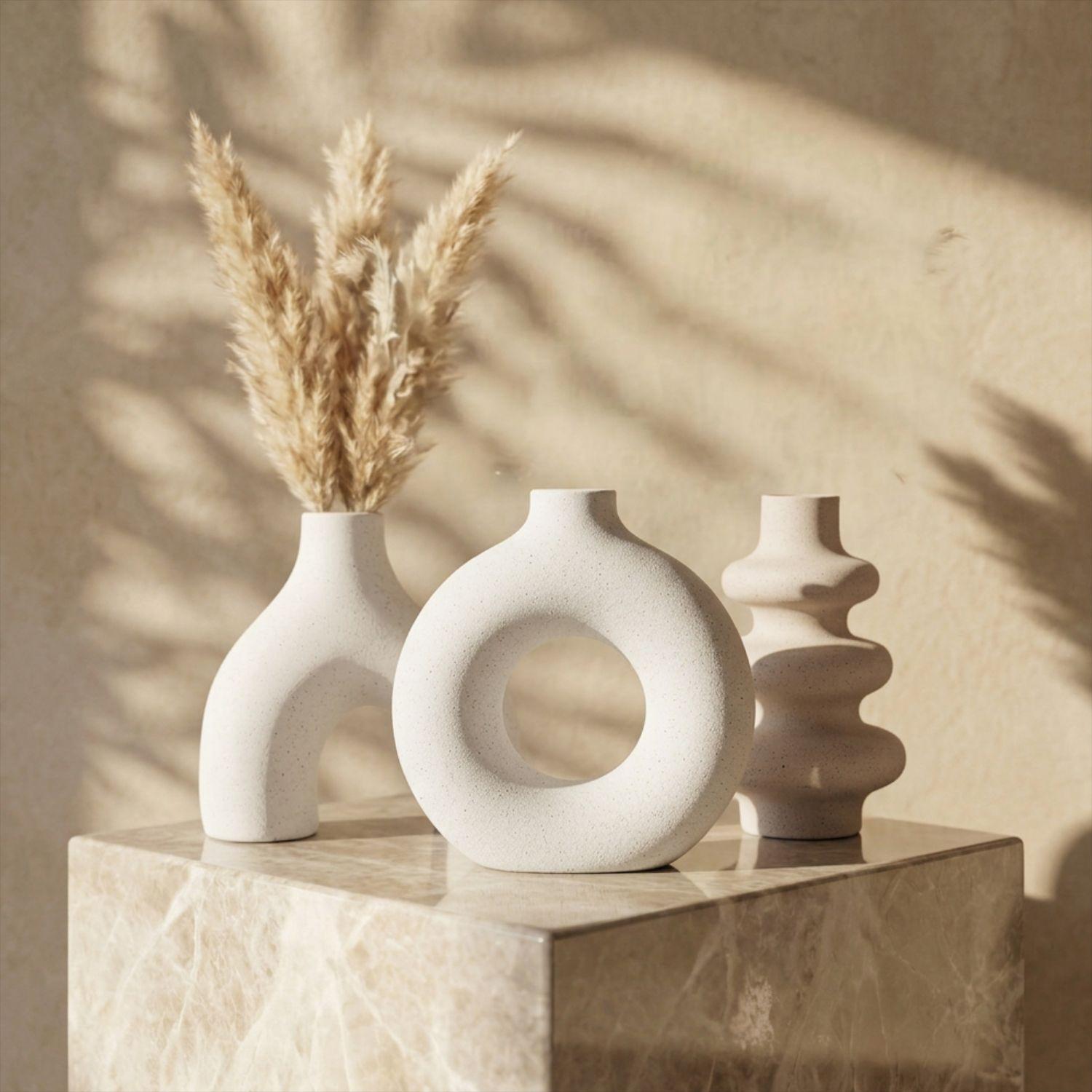 Set 3 Floreros Cerámica Nórdicos Decoración Flores Blanco-0