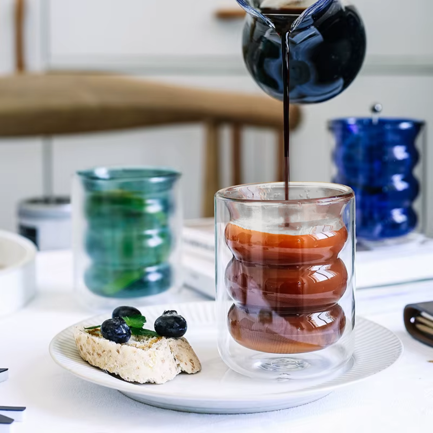 Set 4 Vasos Vidrio Doble Fondo Ondas Bajo-4