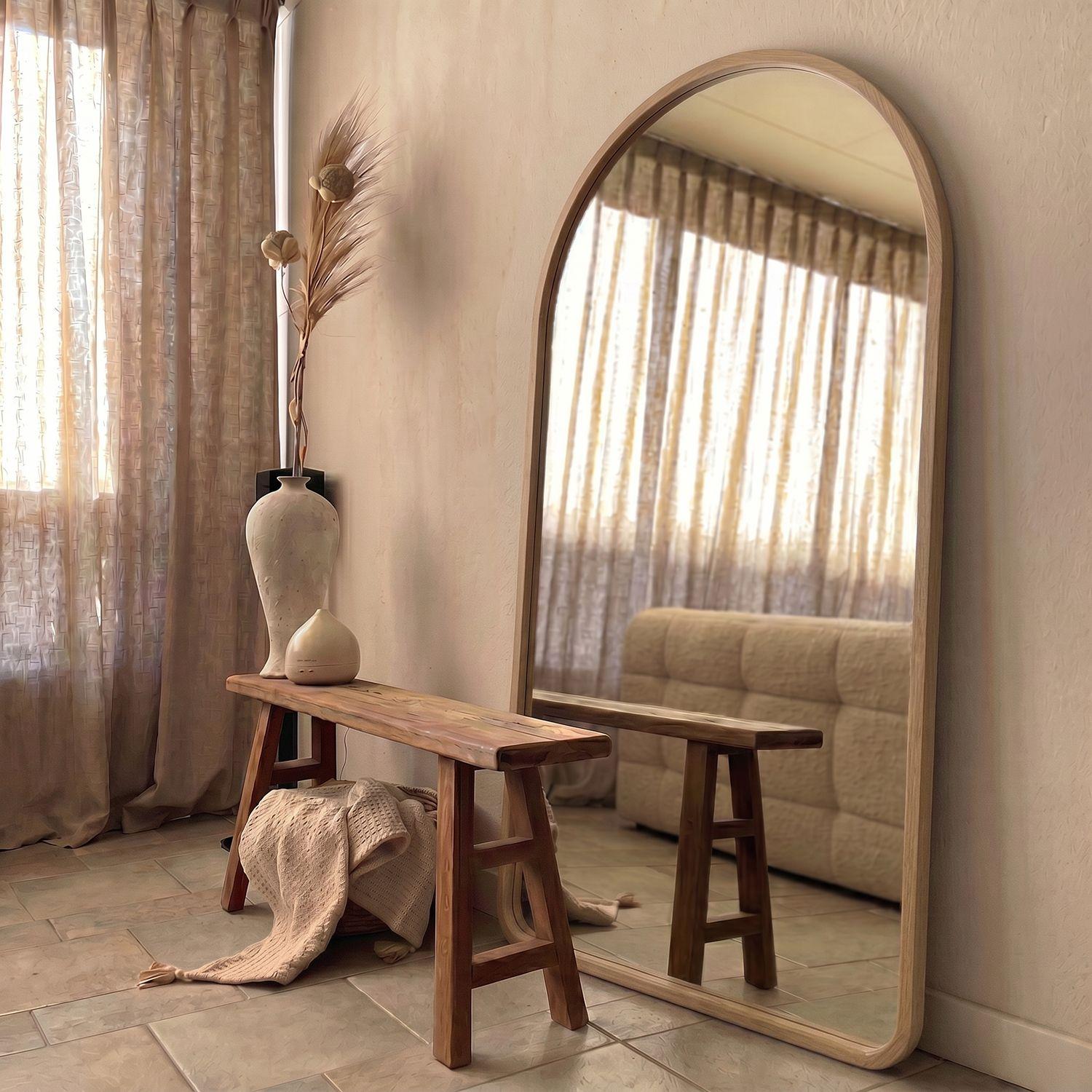 Espejo decorativo en arco de cuerpo entero de madera abedul natural 190x110 cm-4