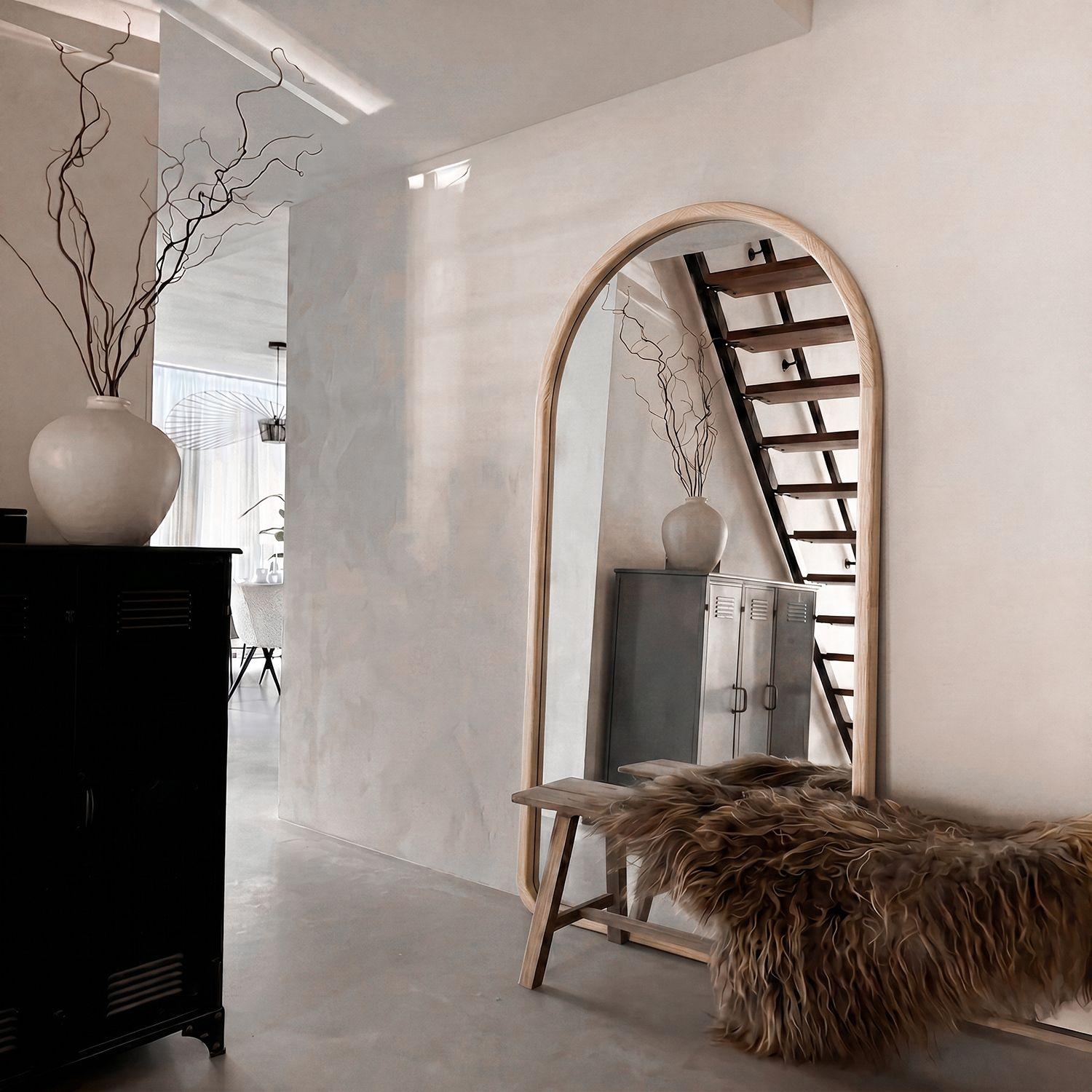 Espejo decorativo en arco de cuerpo entero de madera abedul natural 190x110 cm-6