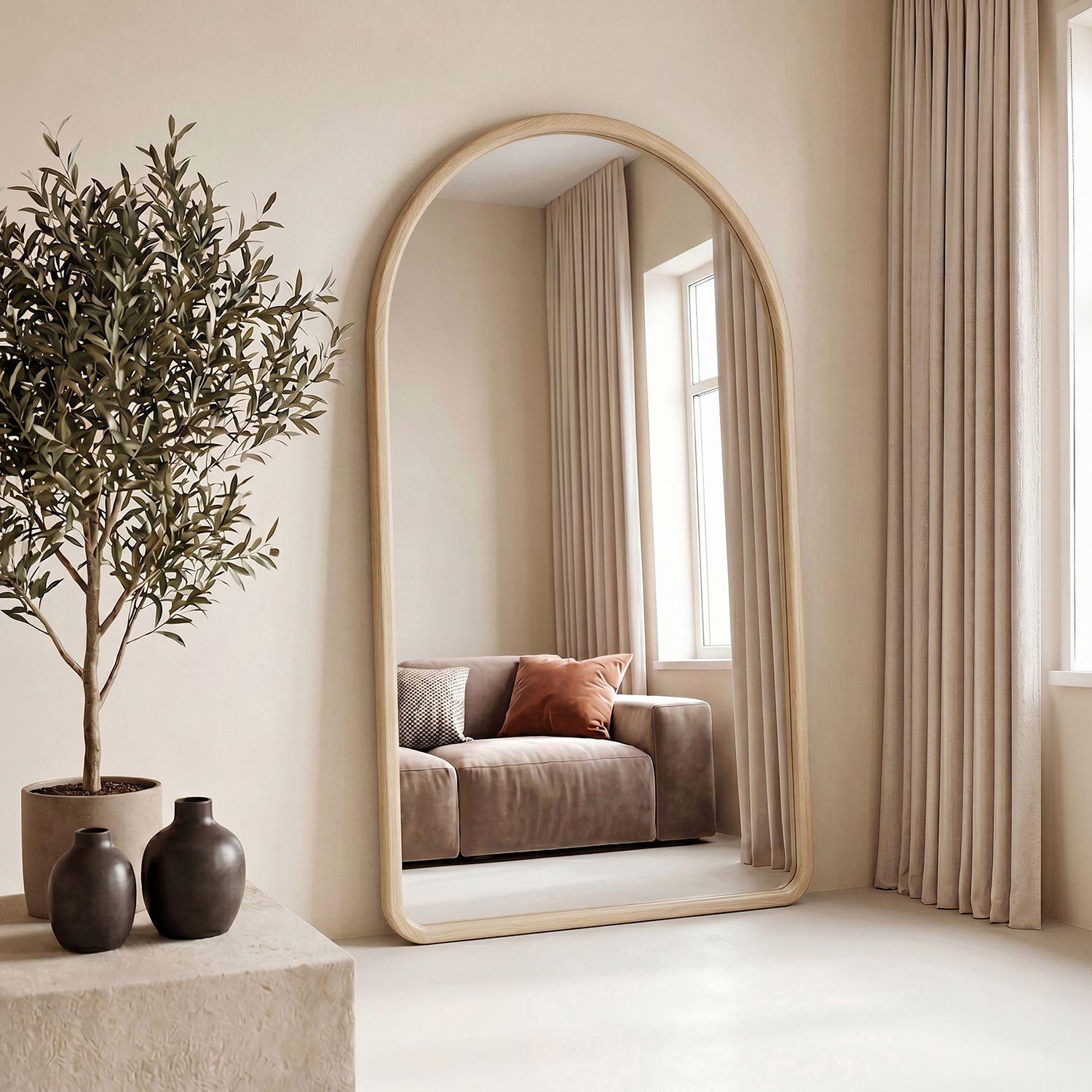Espejo decorativo en arco de cuerpo entero de madera abedul natural 190x110 cm-7
