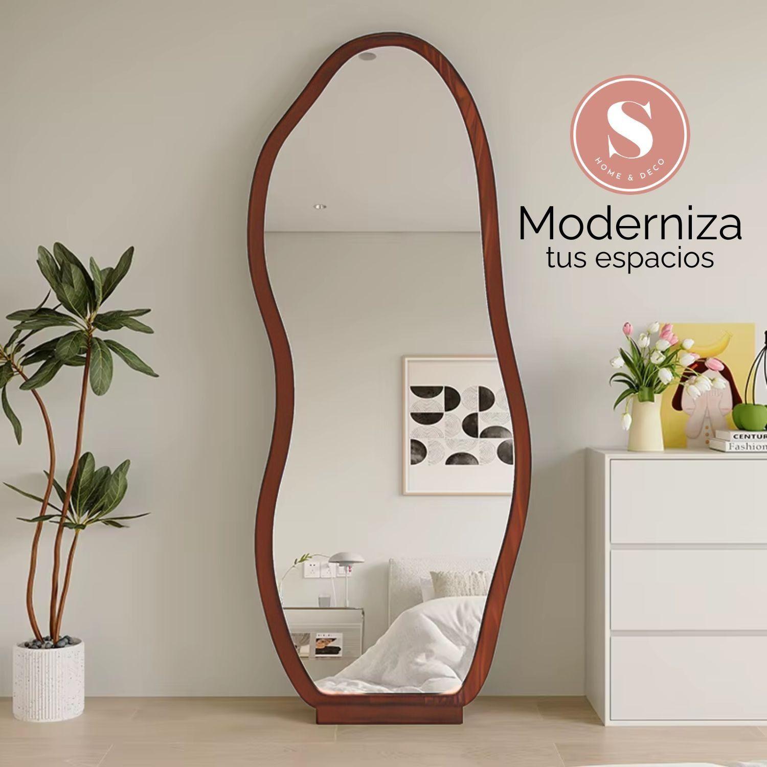 Espejo decorativo irregular de cuerpo entero de madera color nogal 170x70 cm-6