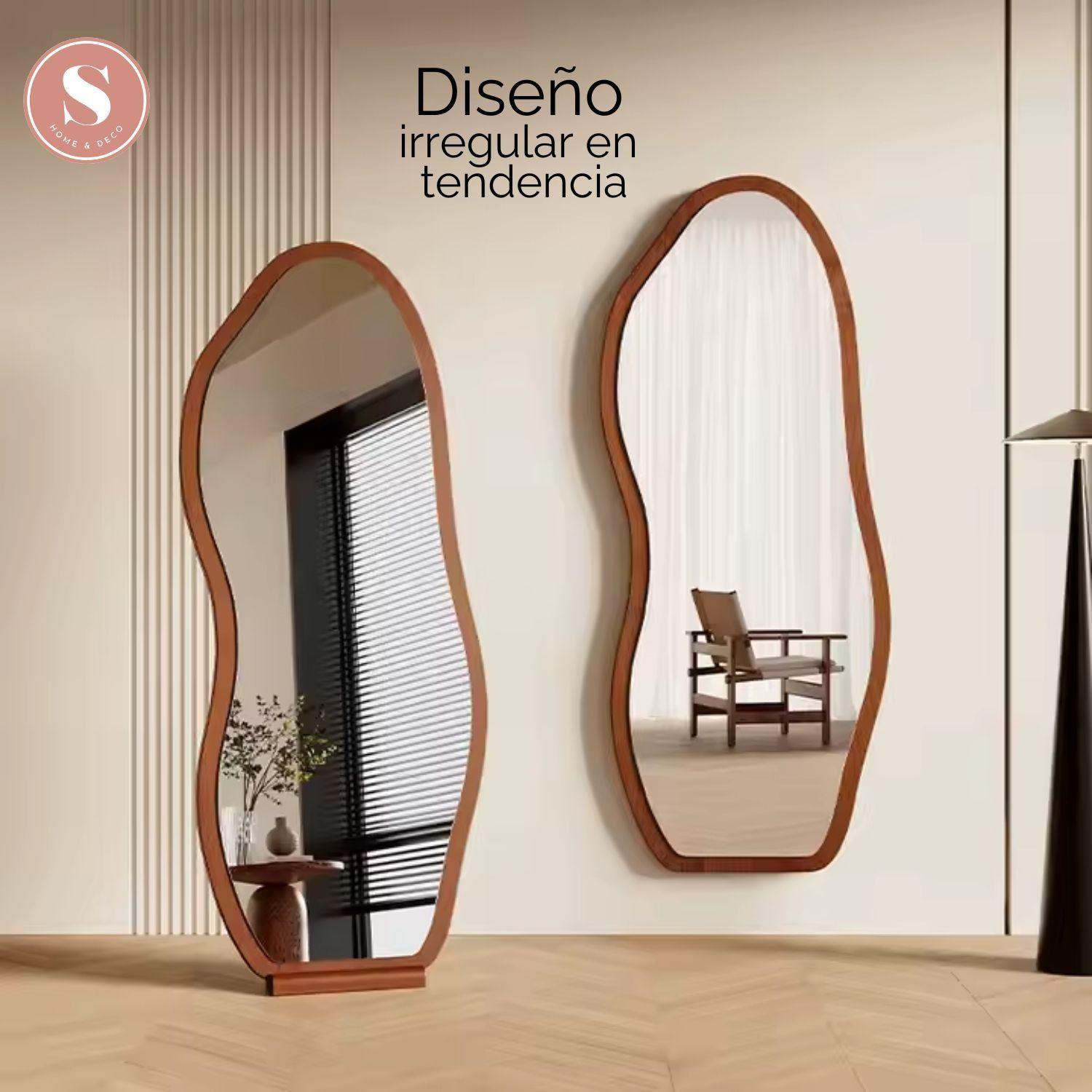 Espejo decorativo irregular de cuerpo entero de madera color nogal 170x70 cm-7