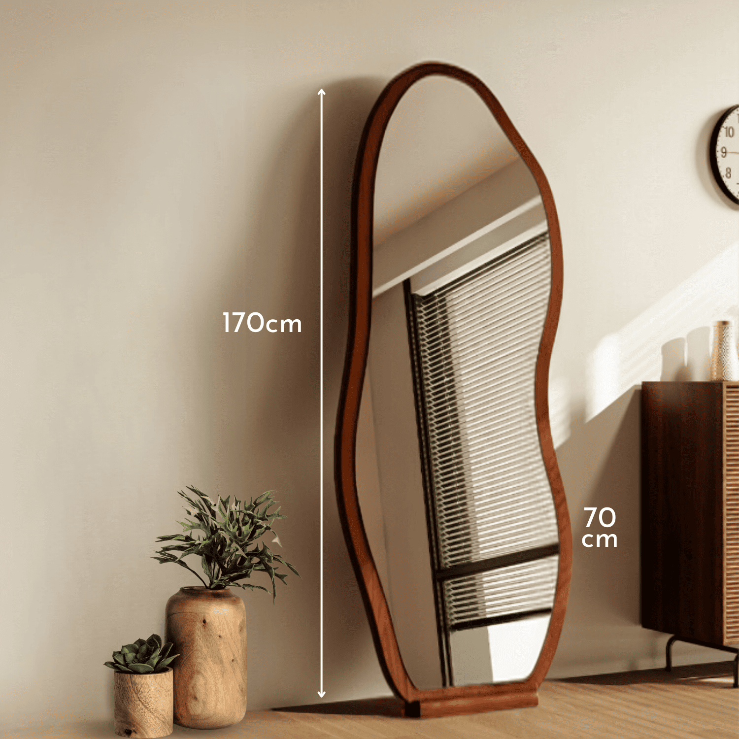 Espejo decorativo irregular de cuerpo entero de madera color nogal 170x70 cm-1