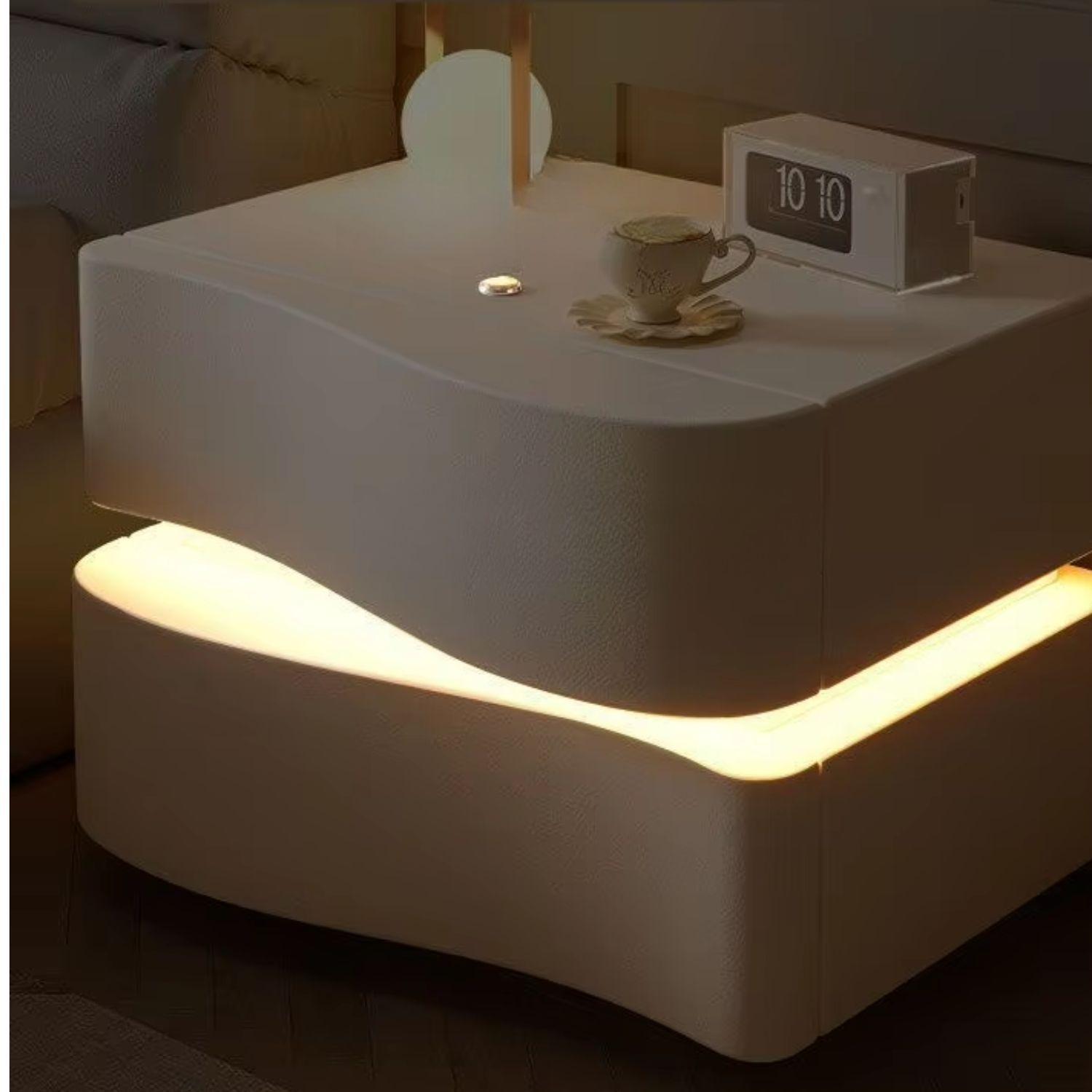 Velador doble Cajón con luz Led Crema-4