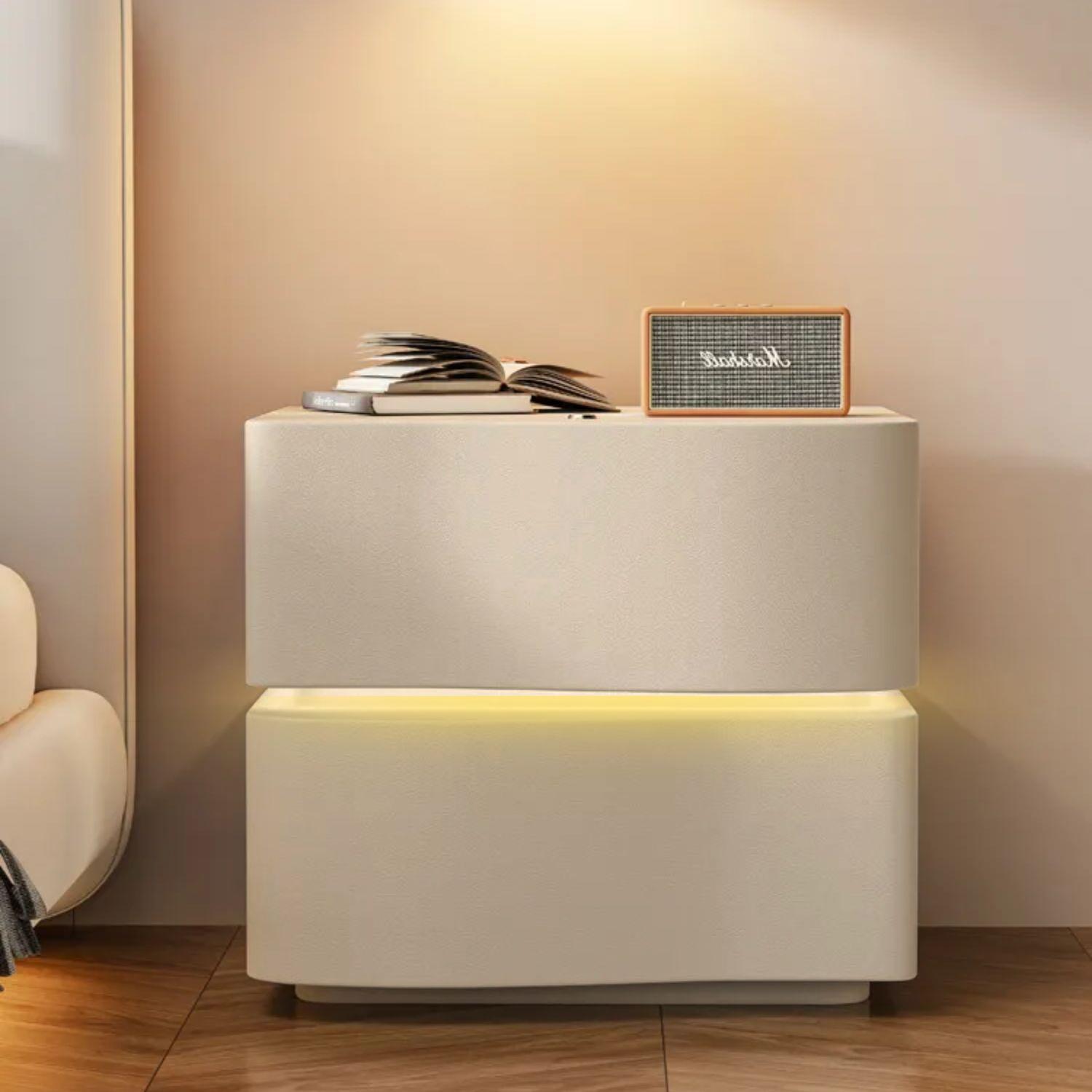 Velador doble Cajón con luz Led Crema-5