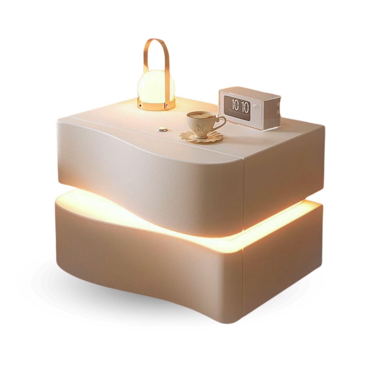 Velador doble Cajón con luz Led Crema-9