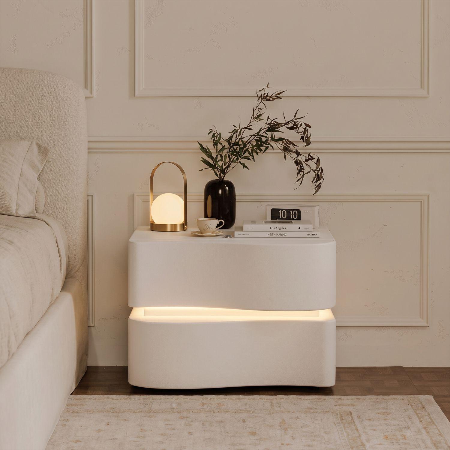 Velador doble Cajón con luz Led Crema-0