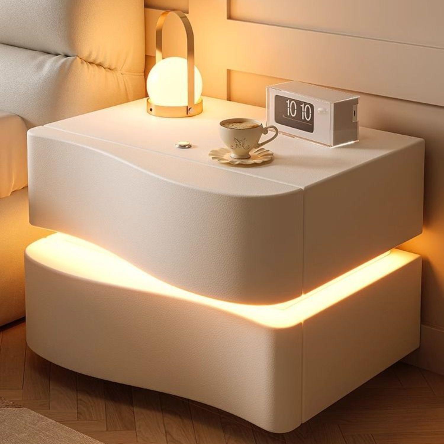 Velador doble Cajón con luz Led Crema-1
