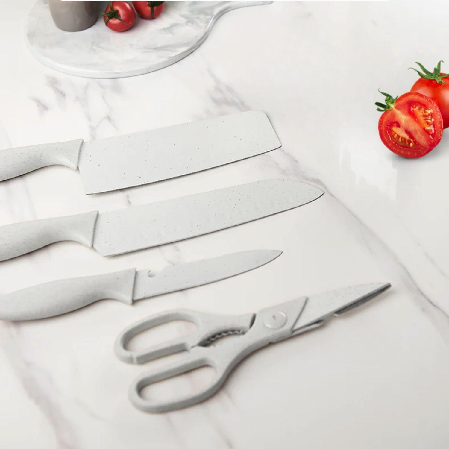 Set de Cuchillos Con Soporte y Tabla de Fibra Blanco-4