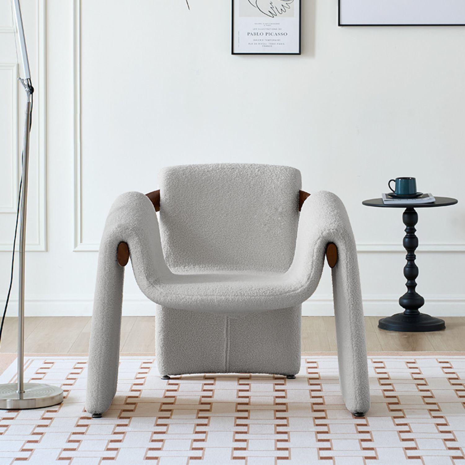 Silla Poltrona Cozy Sherpa y Madera Gris Claro-2