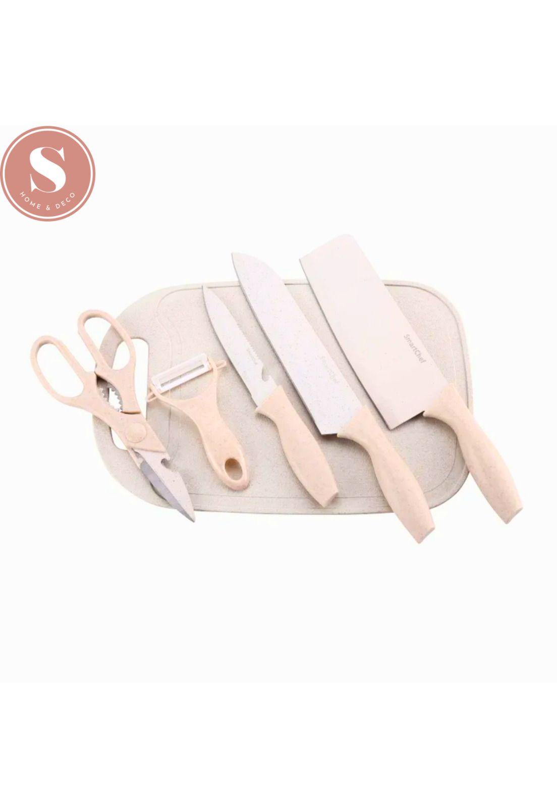 Set de Cuchillos Utensilios Tablas Cocina Asado 7 Piezas Beige-4