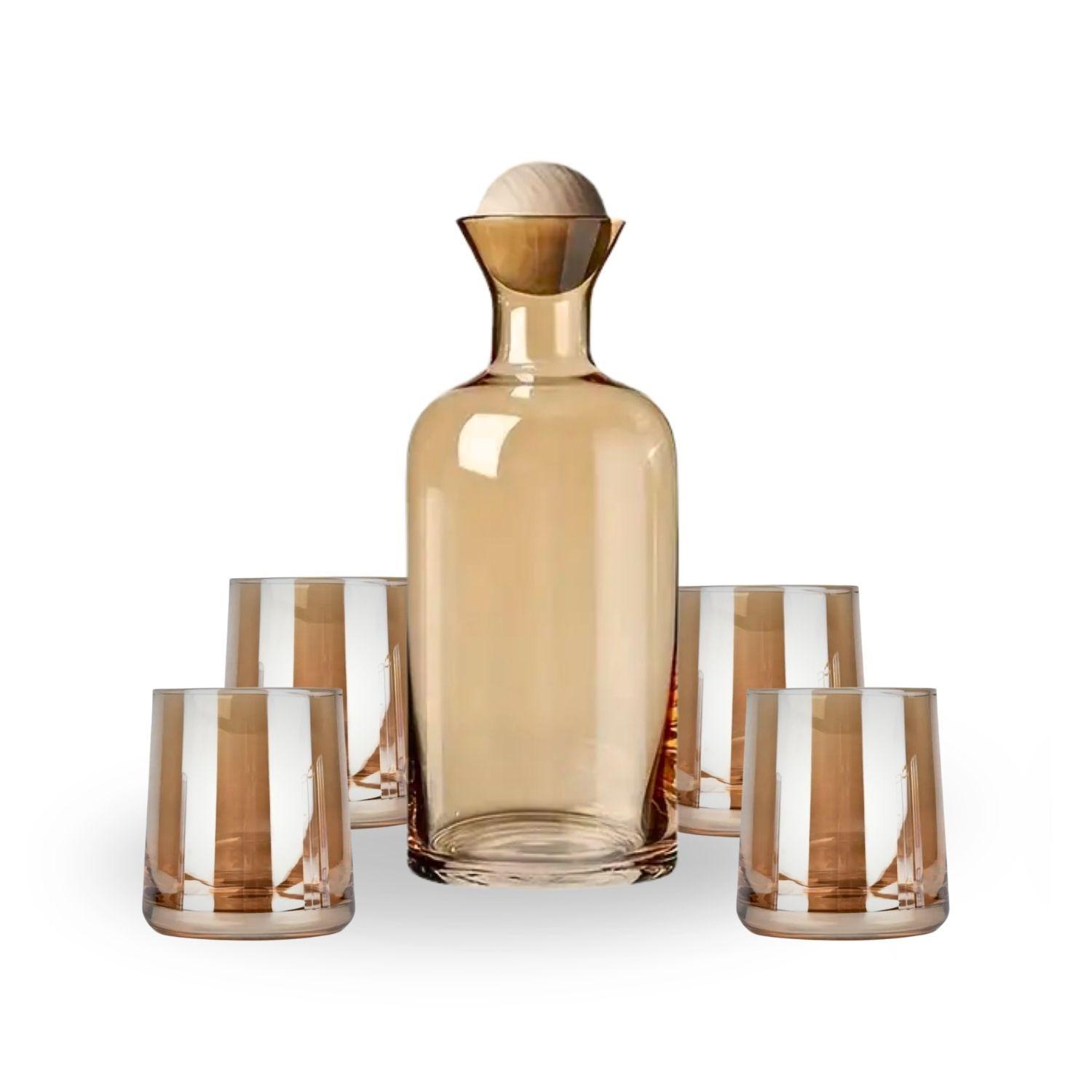Set Vasos Conjarra De Vidrio Decantador Lujoso Ambar 4 Uni-9