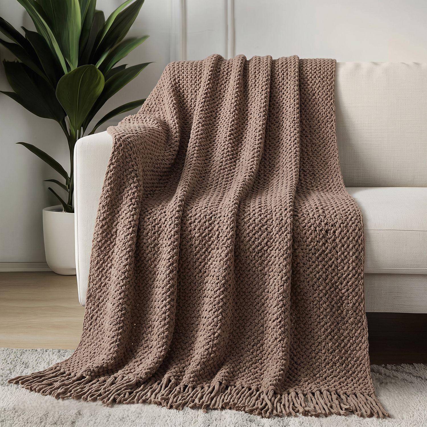 Manta Decorativa Café con Flecos para Sofá y Cama-9